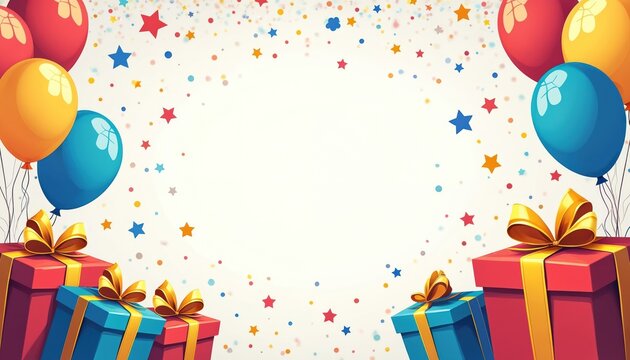 Festive background with colorful balloons gift boxes and confetti. Perfect for party invitations greeting cards and holiday event banners. Copy space for text. - Powered by Adobe