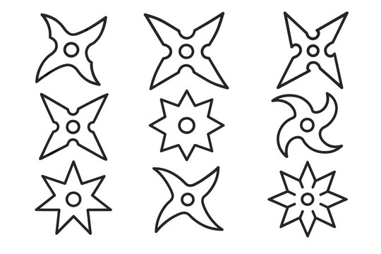 Set of nine black shuriken outlines on white background