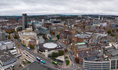 Aerial view of Sheffield cityscape skyline in South Yorkshire, UK