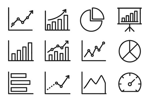 Black and white line graphs and charts icon set for data analysis