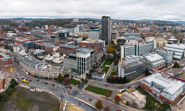 Aerial view of Sheffield cityscape skyline in South Yorkshire, UK