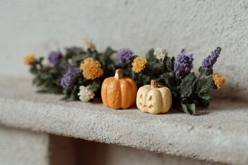 Two Decorative Pumpkins with Fall Flowers on a Rustic Shelf