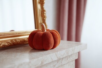 Velvet Pumpkin Decor on Marble Surface with Elegant Mirror Background