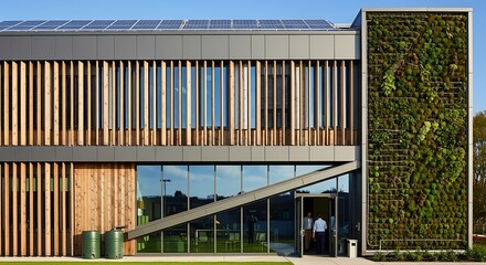 Modern Sustainable Building with Green Wall and Solar Panels.