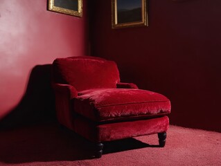 Elegant Red Velvet Armchair in Cozy Room with Dark Walls