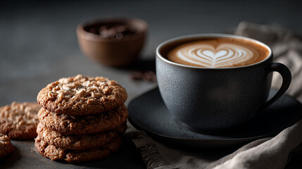 Cappuccino cup with heart latte art and stack of homemade cookies on table in warm coffee shop atmosphere with coffee beans scattered around