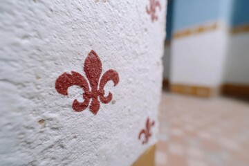 Detailed Close-Up of Red Fleur-De-Lis Design on Textured Wall