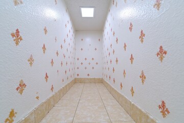 Bright Minimalist Hallway with Floral Wallpaper and Tile Flooring