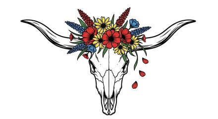 Floral Adorned Longhorn Skull - A Western Artistic Expression.