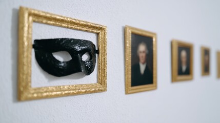 Black Mask Displayed with Portraits in Golden Frames on Wall