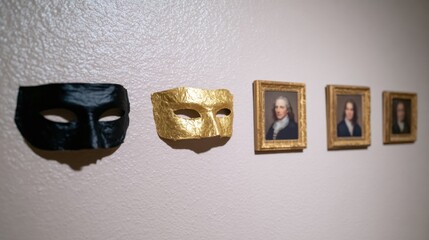 Artistic Display of Masks Next to Vintage Portraits on Wall