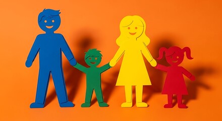 Colorful Paper Cutout Family on Orange Background - Unity and Togetherness.