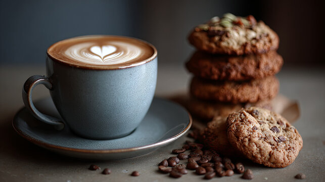 Cappuccino cup with heart latte art and stack of homemade cookies on table in warm coffee shop atmosphere with coffee beans scattered around - Powered by Adobe