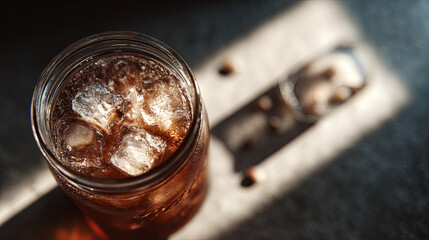 Cold brew coffee with ice cubes in transparent mason jar placed on wooden table in morning sunlight, creating natural reflections and texture