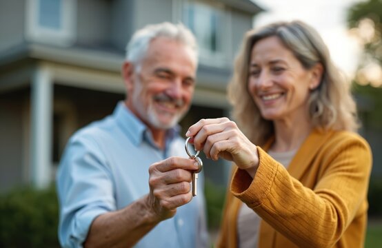 Mature couple happily hold house keys in front of new home. Man and woman smile outside their property. Together they start new life, celebrate homeownership, purchase.