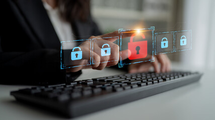 Digital security concept illustrating a cybersecurity breach, with a red unlocked padlock indicating data exposure among secure systems, emphasizing system vulnerability and risk Latch