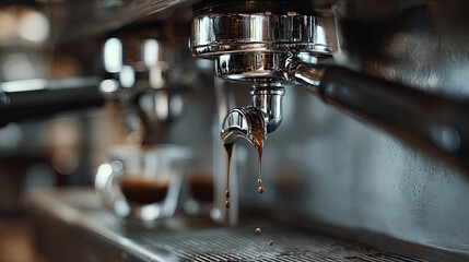 Fresh espresso extraction dripping from chrome machine, barista view with soft depth of field and cinematic lighting