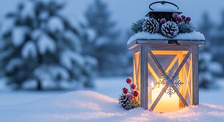 Winter Lantern Glow - A Cozy Christmas Scene in Snowy Woods.