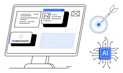 Desktop with active windows, AI processing chip, and target dartboard. Ideal for artificial intelligence, productivity, innovation, automation, decision-making strategy and data analysis. Simple