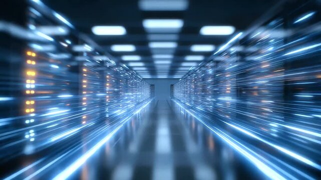 Macro shot of a futuristic data center with neon blue light trails moving through transparent servers, representing artificial intelligence. Extremely detailed, high-resolution, sh