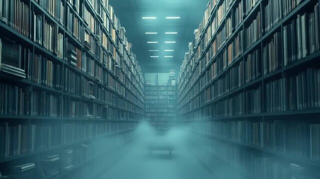 A long aisle of books in a library stacked with rows of shelves on either side, highlighting the organization and depth of knowledge. 4k video