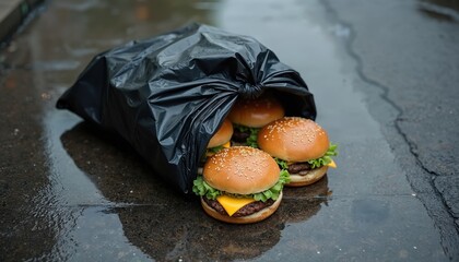 Discarded cheeseburgers spill from black trash bag onto wet city pavement. Food waste and urban pollution are evident. Uneaten meals lie in puddles on the cracked street.