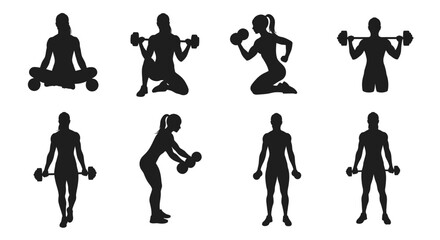 Silhouettes of women performing diverse weightlifting and yoga exercises