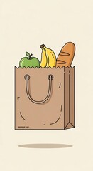 Grocery Bag with Fresh Food - Apple, Bananas, and Bread.