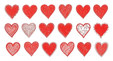 Collection of Hand-Drawn Red Hearts for Valentines Day.