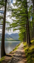 Scenic Lakeside Trail Through Verdant Forest with Mountain Backdrop.