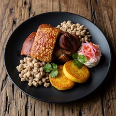 Delicious Pork Belly Dish with Beans and Fried Plantains.
