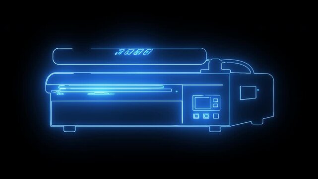 Neon blue glowing animation of printer or large format printing machine icon with paper output and tray detail