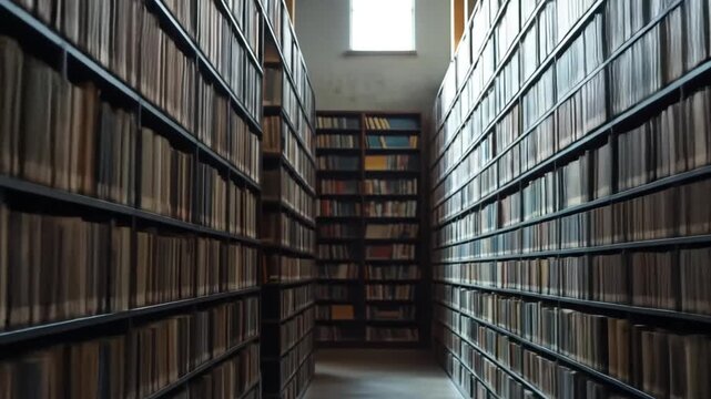 A long aisle of books in a library stacked with rows of shelves on either side, highlighting the organization and depth of knowledge. 4k video