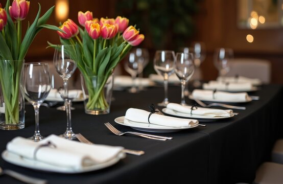 Elegantly set long dinner table ready for event. Black tablecloth, white plates, tulips visible. Cutlery, wine glasses, napkins, decor for elegant catering. Fine dining in banquet hall setting.