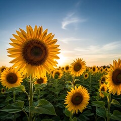 Obraz premium Sunflowers in Full Bloom - A Golden Field Under a Bright Sky.