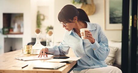 Thinking, woman and coffee with clipboard at house for accounting, finance checklist and loan application. Mature person, beverage and financial information for expenses, mortgage payment and bills - Powered by Adobe