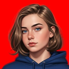 Portrait of a Young Woman with Blue Eyes and Brown Hair.