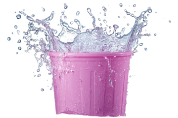 Pink bucket bursts with water; dramatic splash against a stark black backdrop