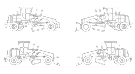 Detailed line drawing showcasing four views of a road grader vehicle
