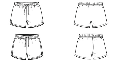 Technical fashion illustration of four pairs of casual shorts for men