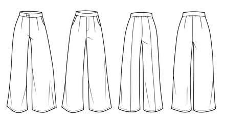 Fashion technical illustration of four pairs of wide leg trousers displayed