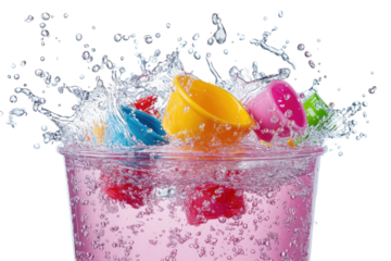 Colorful toy buckets splashing into a container of pink liquid