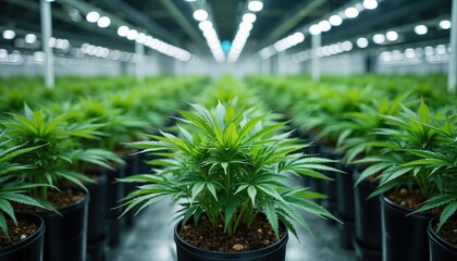 Indoor cannabis farm with bright lights. Plant cultivation in pots. Agriculture business grows green plants. Modern greenhouse hydroponics. Growing ganja weed under lighting. Pot plants in botany