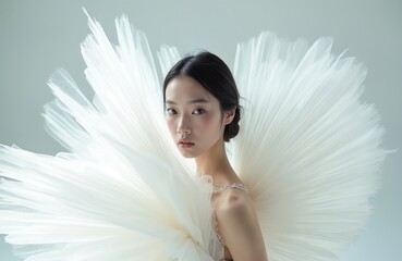 Asian woman wears voluminous white couture dress with dramatic pleats. Fashion model poses in studio with soft light, elegant and ethereal look. Perfect for bridal or haute couture campaigns.
