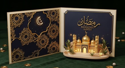 Elegant Ramadan Greeting Card with Golden Mosque and Crescent Moon.