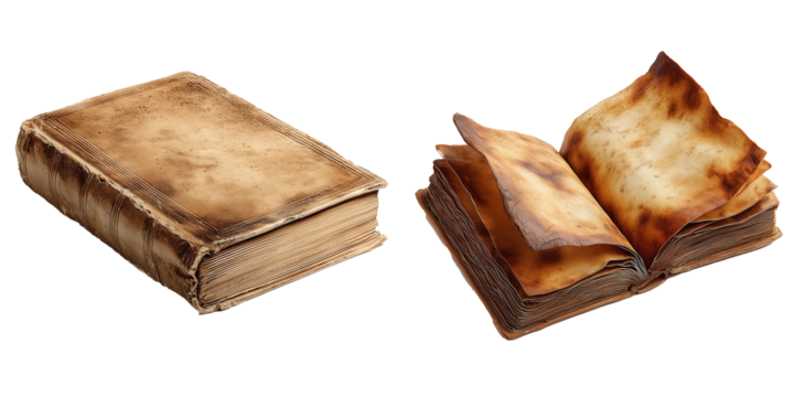 Vintage book brown color, simple old, broad, opened, winds illustration isolated on transparent background PNG file