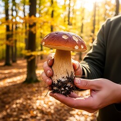 Forager holding a large Boletus mushroom in an autumn forest setting.