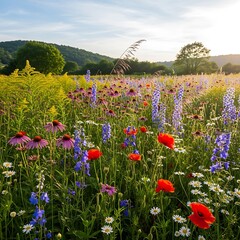 Vibrant wildflower meadow in summer with mountain backdrop.