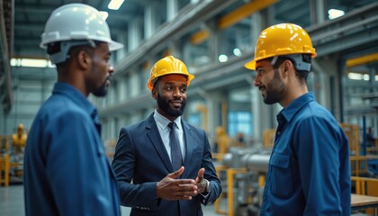 Diverse group of industrial workers collaborate on factory floor. Engineers discuss project, wear safety gear, hard hats. Managers in suit explain strategy on plant. Team work at construction site in