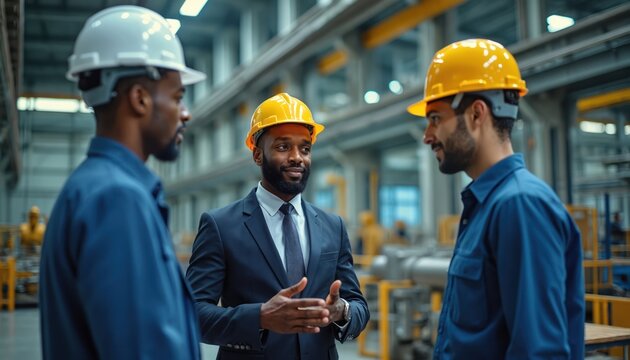 Diverse group of industrial workers collaborate on factory floor. Engineers discuss project, wear safety gear, hard hats. Managers in suit explain strategy on plant. Team work at construction site in